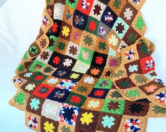 Afghan with Granny Squares, Vintage Hand Crochet,  Multicolor Throw with Pointed Edges, 53" x 48"