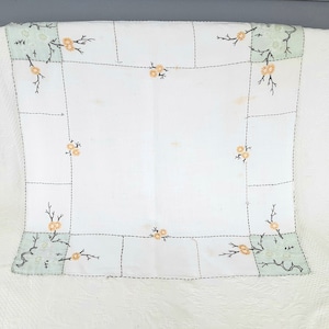 Tablecloth with Hand Embroidery 32 1/2&quot; Square Floral White Yellow and Pale Green Vintage Table Linen -scroll down for item details
