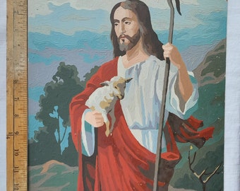 Jésus tient un agneau, peinture à numéros des années 1960, terminé et sans cadre, 12 x 16, cadeau de Pâques - faites défiler les photos sous les photos pour une description complète