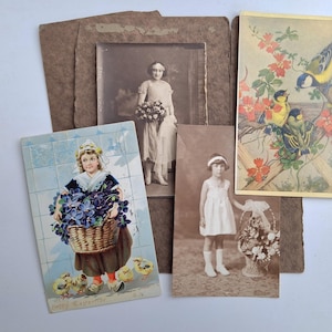 Lote de cartões postais e fotos sépia da década de 1920 com lembranças da primavera e da Páscoa - role para baixo para ver a descrição completa
