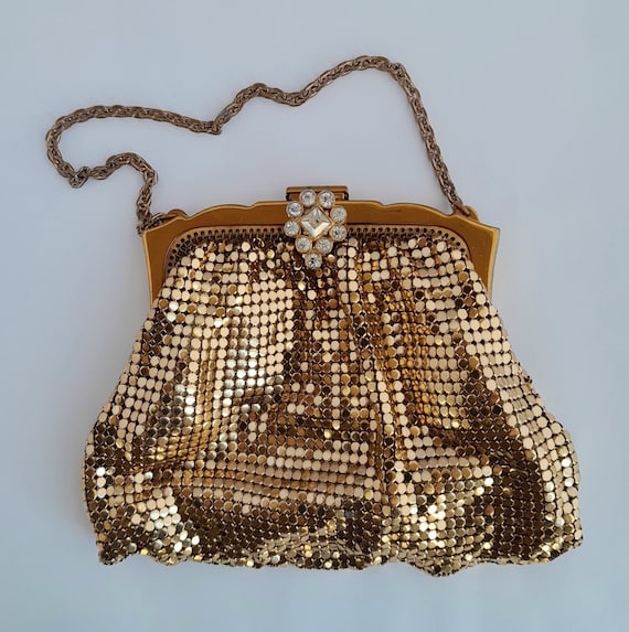 Whiting & Davis Mesh Bag With Rhinestone Clasp Gold Tone