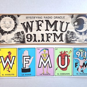 Calcomanías de WFMU para parachoques, dos de los 90, tablero de ouija de M Moran y cartas de lotería. Estación de radio Freeform, sin usar. Desplácese hacia abajo para ver la descripción completa.
