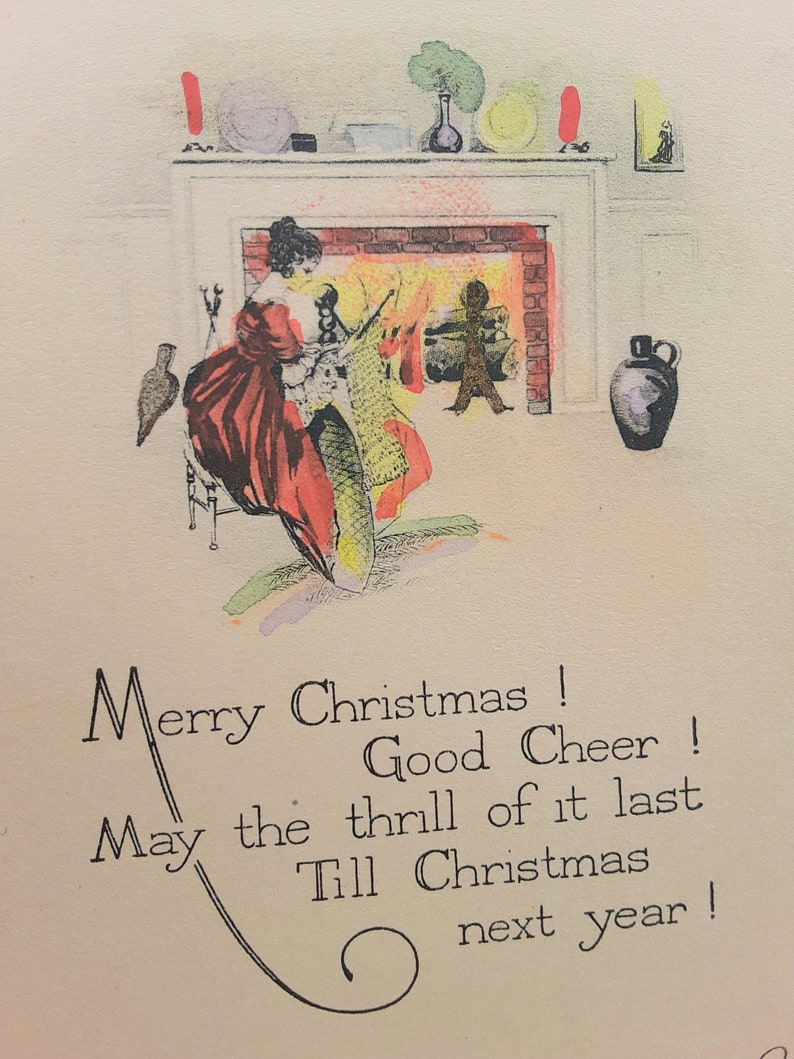 1920s Christmas Card Used w Envelope Flat Non-folding Woman Fireplace Illustration