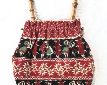 1940s Purse with Bamboo Handle and Fabric Pouch Style Handbag, German or Austrian Couples Dancing -scroll down for full description