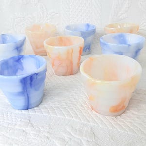 Slag Glass Votive Candle Holders,  Mini Flowerpot Shape, lot of 8 Akro Agate,  4 Yellow/Orange 4 Blue  -scroll down for full description