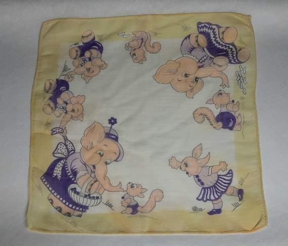 Children's Hankie, Likely 1940s, with Elephants F… - image 1