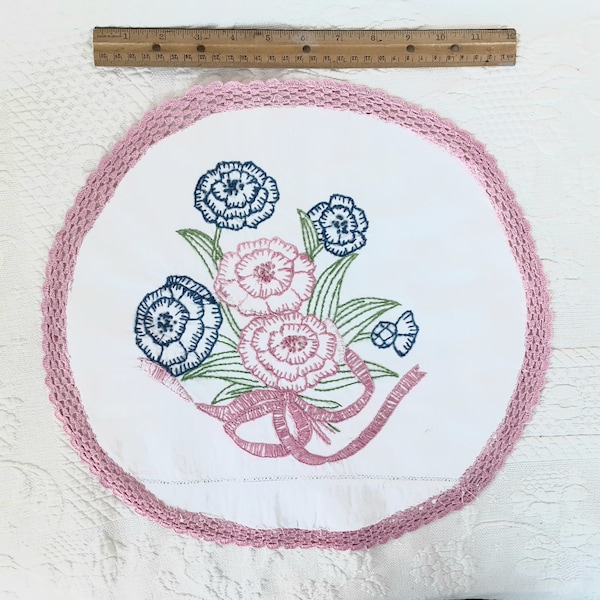 Doily Large Round Hand Embroidery Crochet Floral White Pink Blue Green Dresser Vanity Table Scarf Centerpiece