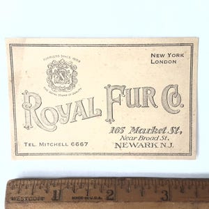 Furrier Memorabilia, Royal Fur Co, Vintage Business Card, Newark New Jersey, London & New York Shop Ephemera -scroll down for full details