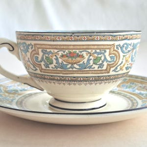 Può includere: Tazza da tè e piattino color crema con decorazioni floreali e a volute blu, oro e verde. La tazza presenta un manico curvo e un motivo dettagliato sul bordo e sul corpo. Il piattino riprende il design della tazza.