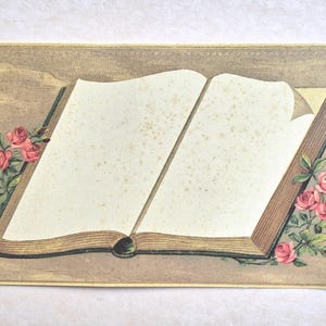 Cartão postal com livro aberto em branco e ilustração de rosas, Mamelok Press Victorian Scraps Archives, sem uso - role para baixo para a descrição completa