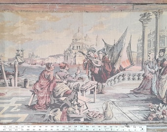 Tapisserie du port de Venise, tissé jacquard fabriqué en Italie, marché panoramique avec personnages et singe costumé, vintage - faites défiler vers le bas pour plus d'informations
