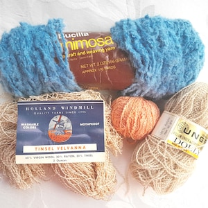 Vintage Yarn Lot,  Bucilla Mimosa Blue Olefin, White & Gold Wool and Tinsel Unger Courtelle Beige, Apricot ball -Scroll down for description