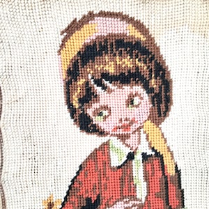 Needlepoint Mod Girl with Big Eyes and Mini Dress,  Unframed, with Stains to Restore,  Vintage 1960s -scroll down for full description