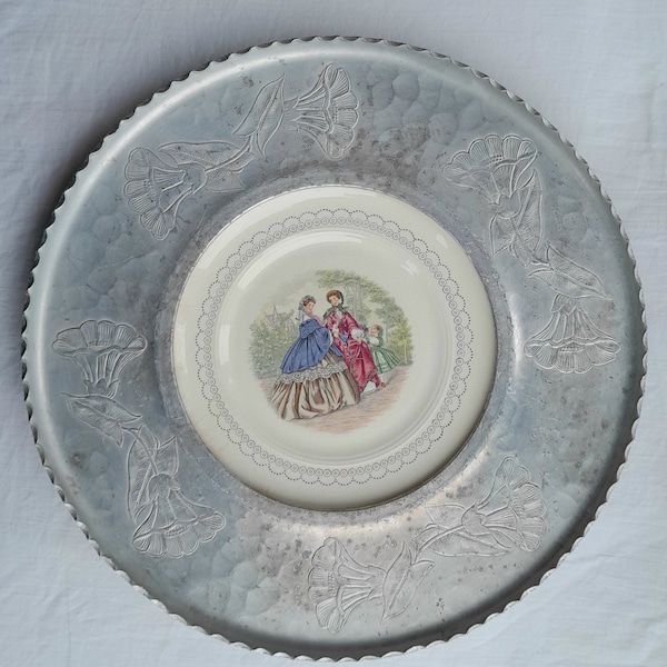 Ceramic with Aluminum Border Tray with Victorian Women & Child from Farberware Brooklyn NY -scroll down for item details