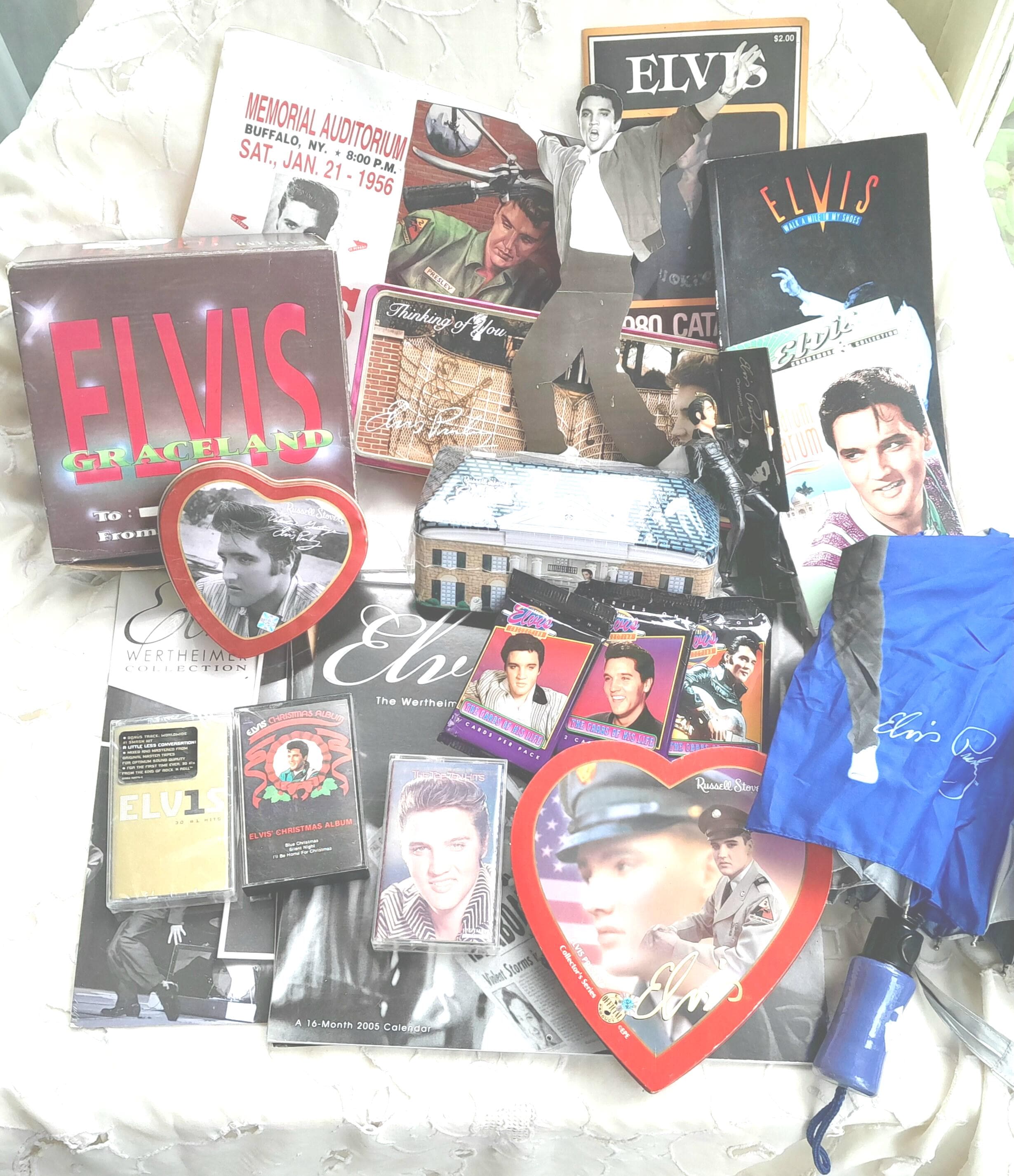 Elvis Presley Lot, Umbrella, Calendars, Tins, Trading Cards