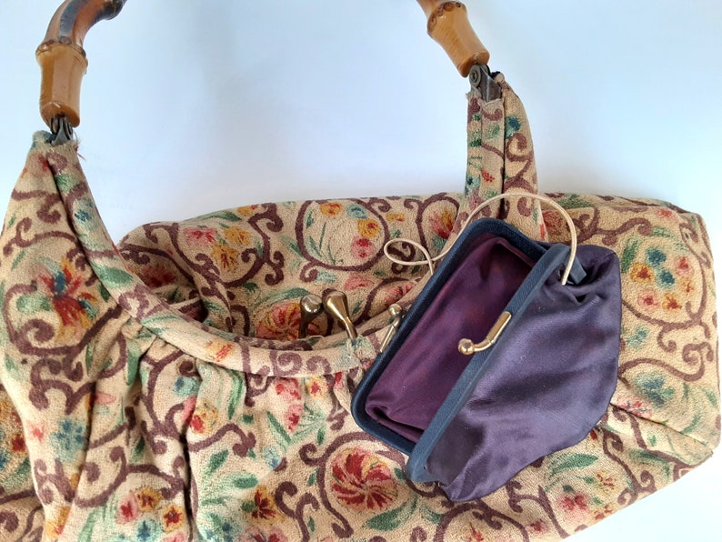 Bamboo Handle Purse Floral Fabric With Coin Pouch Vintage - Etsy