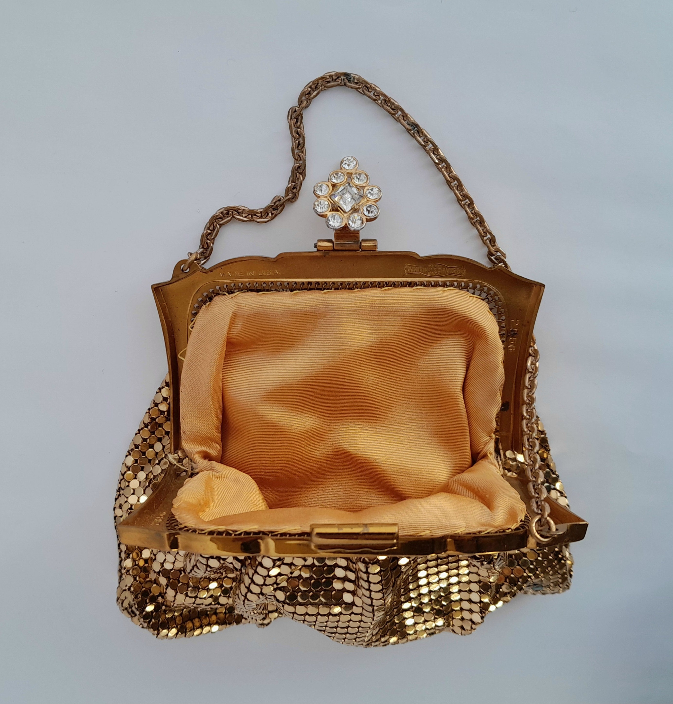 Whiting & Davis Mesh Bag With Rhinestone Clasp Gold Tone
