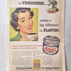 Cartão postal publicitário de Chase e Sanborn, original vintage dos anos 1950, não é uma reprodução - role para baixo para ver a descrição completa