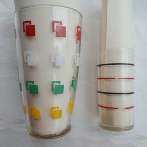 Geometric Drinking Glasses  1 Jumbo Anchor Hocking Tumbler  1 Tall Juice Glass Red Green Yellow Black Vintage - Scroll down for full details
