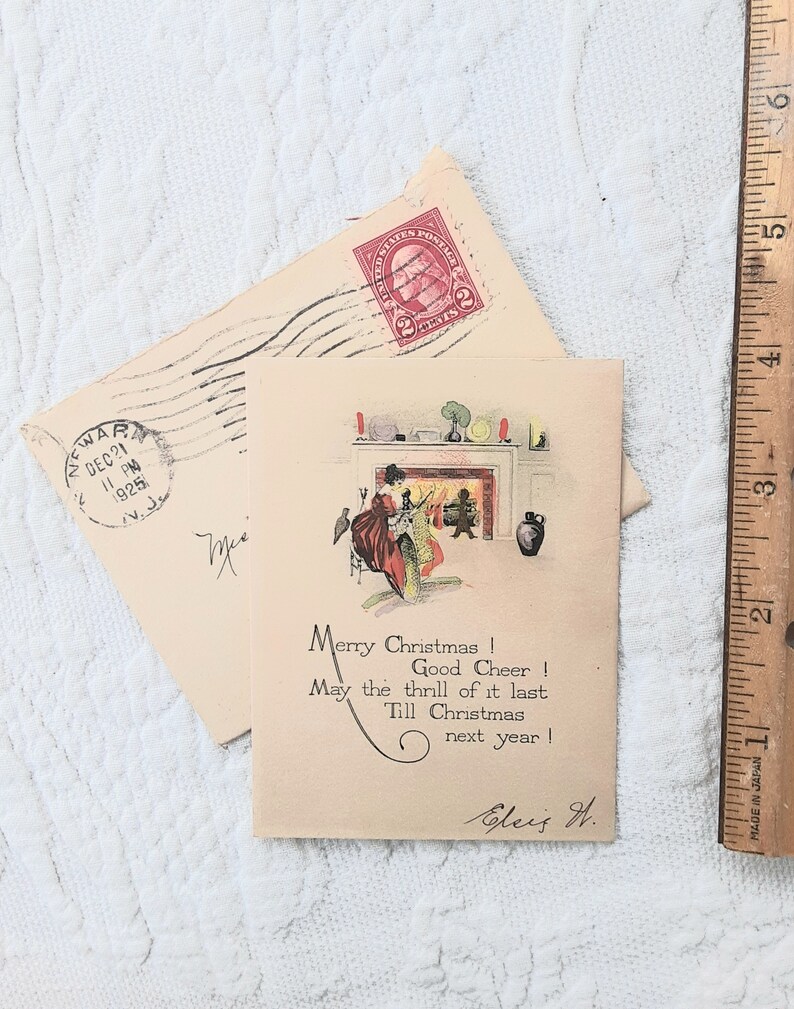 1920s Christmas Card Used w Envelope Flat Non-folding Woman Fireplace Illustration