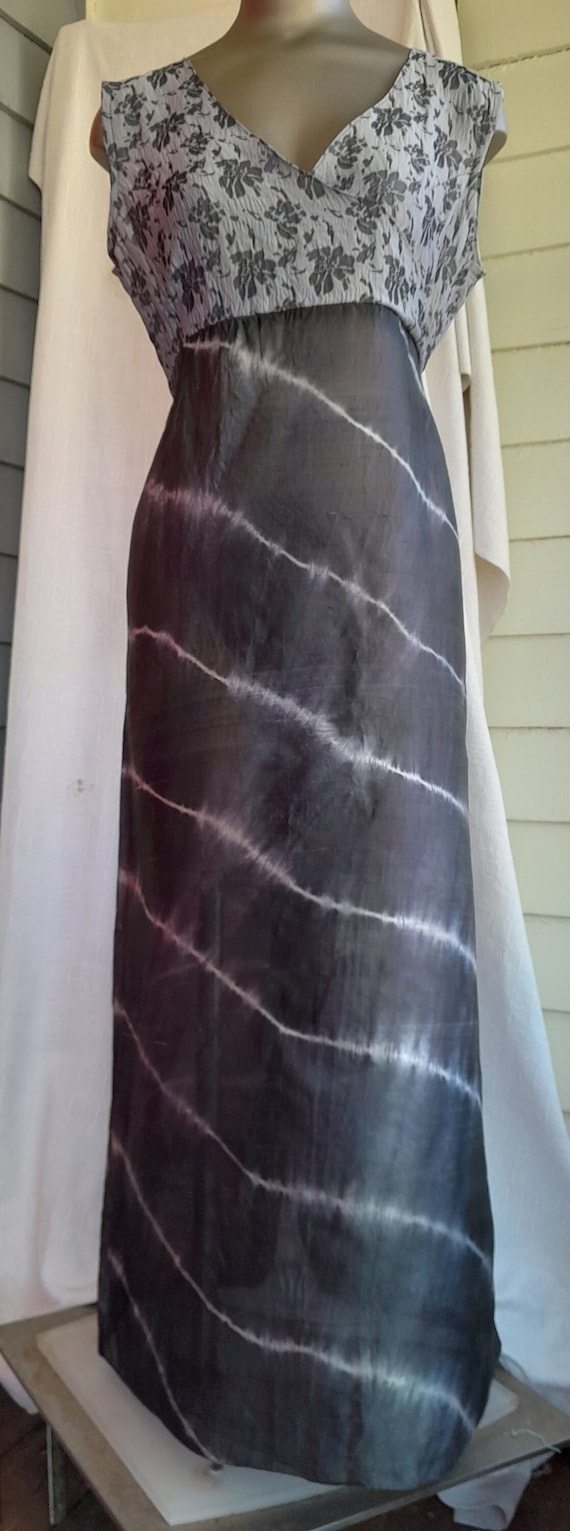 Maxi Dress Gray Brocade & Tie Dye Size 14 Silk Sem