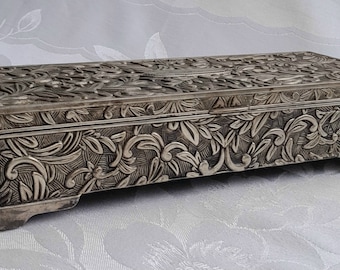 Godinger Jewelry Box, Silverplate with Ornate Leaf Embossed Design, Has Patina & Wear -Scroll down for full description
