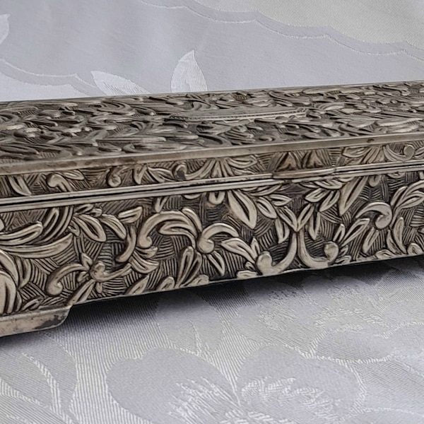 Godinger Jewelry Box, Silverplate with Ornate Leaf Embossed Design, Has Patina & Wear -Scroll down for full description