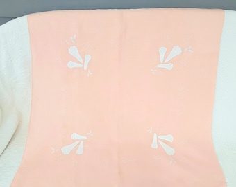 Tablecloth Peach & White Appliqué and Embroidery 33" Sq Floral Vintage Fine Fabric -scroll down for item details