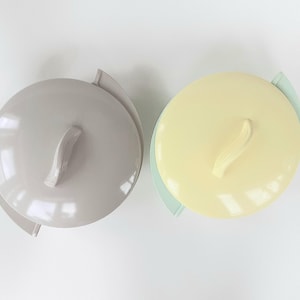 Boonton Ware 2 Divided 8&quot; Serving Dishes,  Melmac Covered Bowls,  1 Gray 1 Yellow + Mint Green,  Mid Century -scroll down for full details