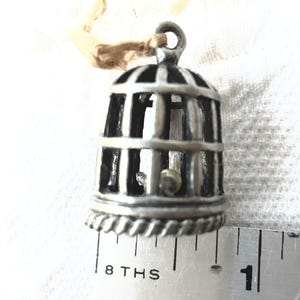 Bird in Cage Charm or Pendant with Faux Pearl, Tiny Vintage Jewelry, Silver Tone -scroll down for details