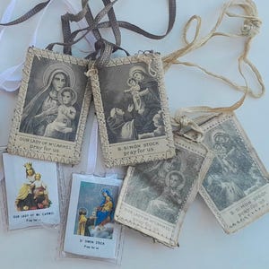 Catholic Religious Ribbon Scapulars 2 Vintage 1 Newer Our Lady of Mount Carmel & Saint Simon Stock