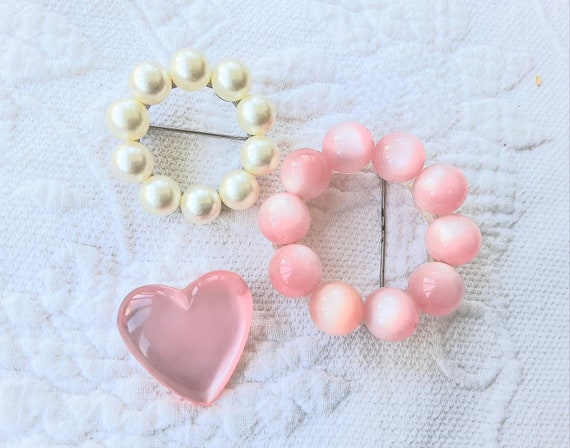 Valentine Brooches Pink & White Heart and Beads, … - image 1