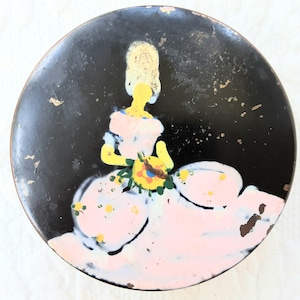 Powder Compact Naive Hand Painted Woman, 2 Sides, No Puff or Screen, Good Mirror, Patina, scroll down for full description