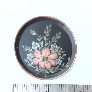 1950s Brooch,  Miniature Dish or Mini Plate Pin,  Floral on Black with Pink Blue and Green,  Hand Painted -scroll down for full description