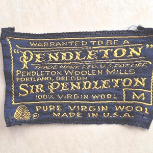 Étiquette de rechange vintage Pendleton à coudre pour vêtement « Sir Pendleton », faites défiler vers le bas pour une description complète