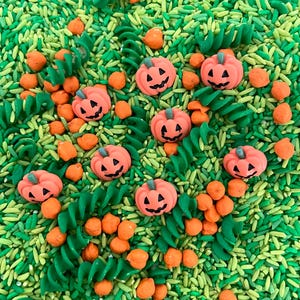 May include: A sensory bin filler mix featuring small orange jack-o'-lantern pumpkin figurines, green spiral pasta shapes, orange chickpeas, and a base of light and dark green dyed rice grains scattered throughout the textured collection.