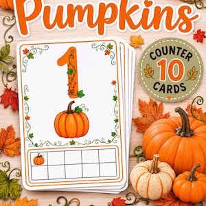May include: A set of 10 educational counting cards featuring the text Counting Pumpkins. Each card displays a large number, a pumpkin illustration, and a ten-frame grid with a pumpkin icon. The design includes autumn leaves and pumpkins.