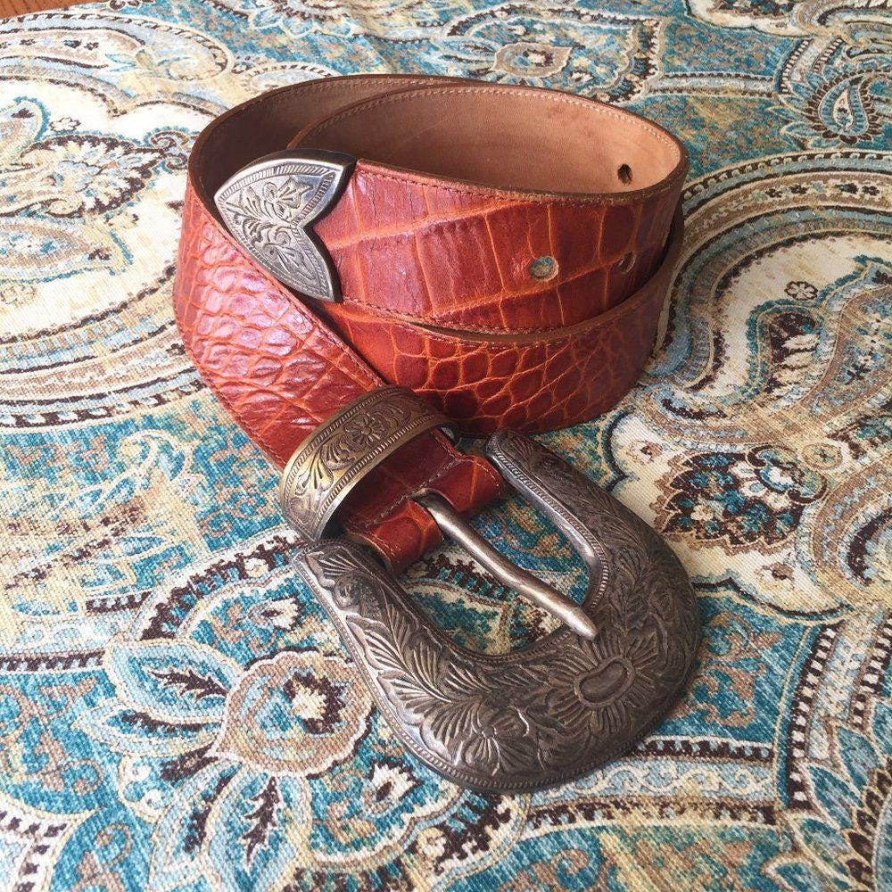 Jennifer Graham Leather Western Belt Croc Embossed Silver Brass Buckle Medium Leather Medium Women main image 3