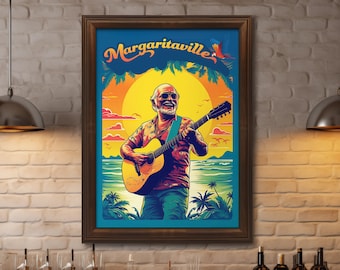 Vibrant Jimmy Buffett poster, Margaritaville, home bar decor, bar art