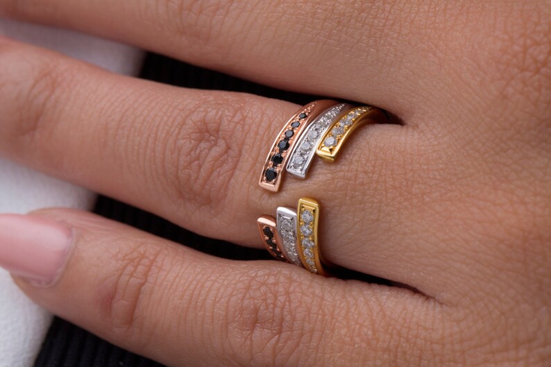 Diamond ring Open diamond band Solid gold ring Black diamonds ring Stackable band Micropave ring Natural diamonds Adjustable ring Gift