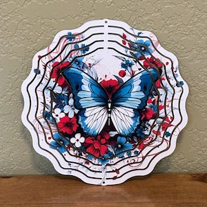 Beautiful Red, White and Blue Butterfly and Flowers 8 Inch Metal Wind Spinner  New Made To Order