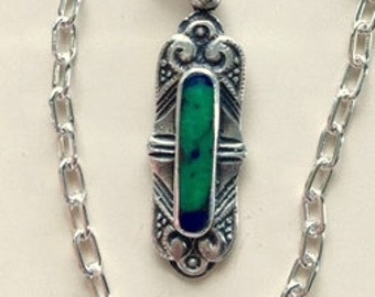 Vintage Sterling Silver and Malachite Pendant or Necklace - Charming Repousse Silver  Oblong Shaped