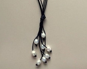 White Freshwater Pearl Multi-strand Necklaces - Large Freshwater Pearls Hand Knotted on Black or Brown Cotton Cord