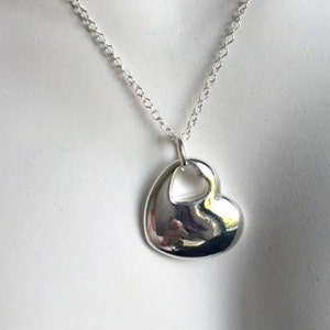 Sterling Silver Plated Puffy Heart Pendant or Necklace - Heart Within a Heart Silver Pendant -  Gift for Her