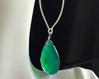 Large Pear Shaped Chrysoprase Drop Earrings - Translucent Blue Green Chalcedony and Sterling Silver Wire Earrings