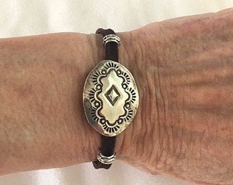 Vintage Sterling Silver Concho and Dark Brown Leather for Small Wrist  Handmade Artisan Concho Bracelet