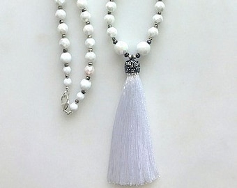 Repurposed Vintage Miriam Haskell White Faceted Pearlized Beaded Tassel Necklace with Silver Pyrite Spacers
