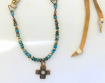 Natural Leather and Czech Glass Beaded Necklace With Small Square Artisan Made Brass Cross - Beaded Adjustable Cross Necklace