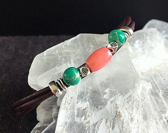 Leather, Coral and Green Stone Bracelet - Triple Dark Brown Leather, Coral and Green Sodalite and Silver Bracelet