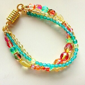Multicolor Crystal Multistrand Bracelet Turquoise, Yellow Citrine, Pink - 3 Strands With Gold Tone Magnetic Clasp